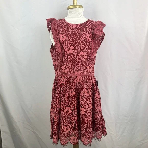 red mini dress lace Hustina Puff Sleeve 3D Lace Mini Dress